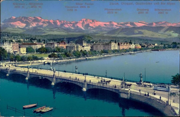 Zürich, Utoquai, Quaibrücke und die Alpen Vorderseite