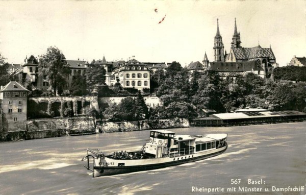 Basel, Rheinpartie mit Münster u. Dampfschiff Vorderseite