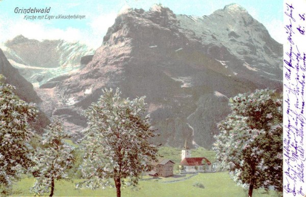 Kirche mit Eiger und Viescherhörner, Grindelwald Vorderseite