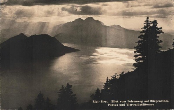 Rigi-First. Blick vom Felsenweg auf Bürgerstock, Pilatus und Vierwaldstättersee. 1948 Vorderseite