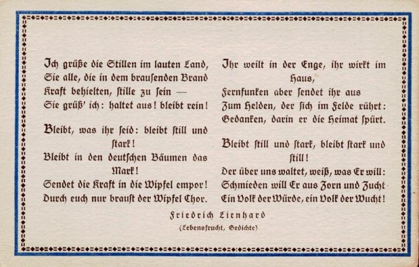 Spruchkarten von Friedrich Lienhards Werken, Lebensfrucht; Ich grüsse die Stillen im lauten Land... Vorderseite