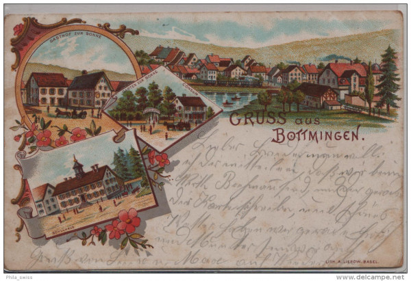 Gruss aus Bottmingen - Gasthof zur Sonne, Schulhaus, Garten zur Sonne, Consum, Totalansicht - farbig
