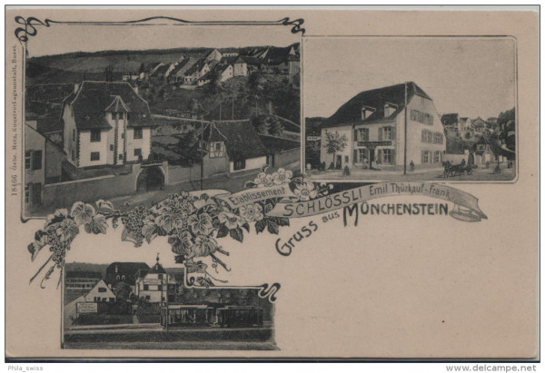 Münchenstein, Gruss aus - Etablissement Schlössli Emil Thürkauf-Frank (s/w)