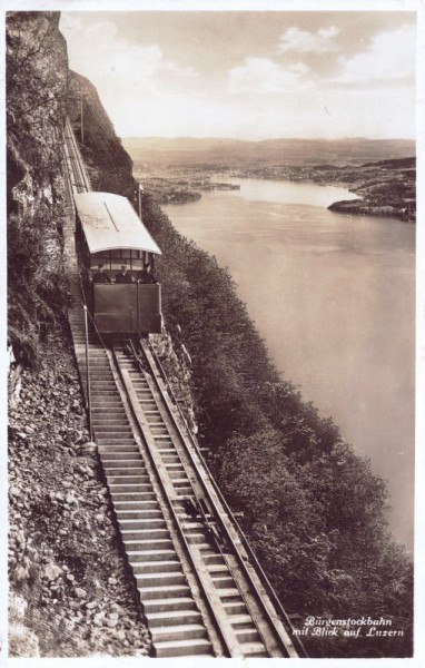 Bürgenstockbahn mit Blick auf Luzern. 1941