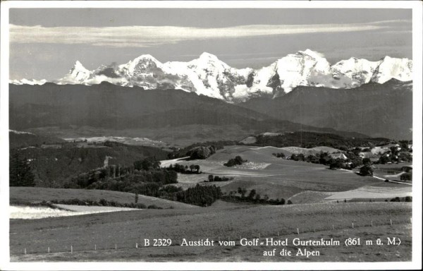 Aussicht vom Golf = Hotel Gurtenkulm auf die Alpen Vorderseite
