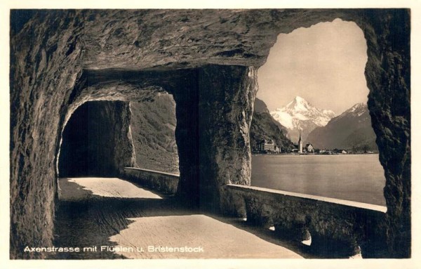 Axenstrasse am Vierwaldstättersee mit Flüelen und Bristenstock. 1929 Vorderseite