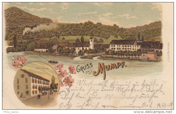 Mumpf AG - farbige Litho - Hotel Sonne, Kirche