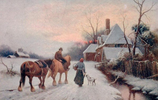 Winterliche Landschaft mit Pferden und Hund sowie Mann und Frau Vorderseite