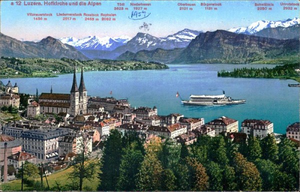 Luzern, Hofkirche und die Alpen Vorderseite