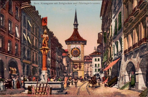 Bern, Lrammgasse mit Zeitglocken und Zähringerbrunnen Vorderseite
