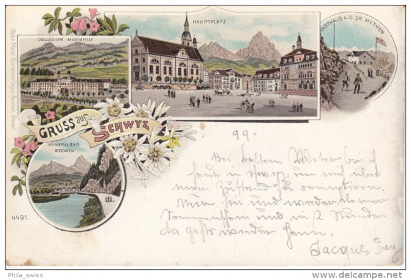 Schwyz - farbige Litho - Collegium Mariahilf, Hauptplatz, Gasthaus Gr. Mythen, Mineralbad Seewen