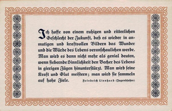 Spruchkarten von Friedrich Lienhards Werken, Jugendjahre; Ich hoffe von einem ruhigen und ritterlich... Vorderseite