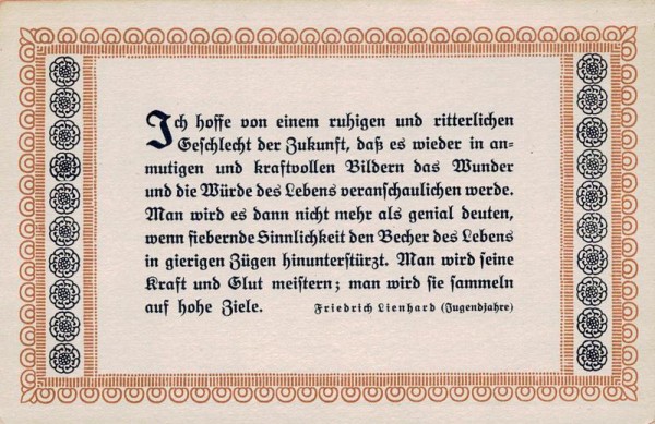 Spruchkarten von Friedrich Lienhards Werken, Jugendjahre; Ich hoffe von einem ruhigen und ritterlich... Vorderseite