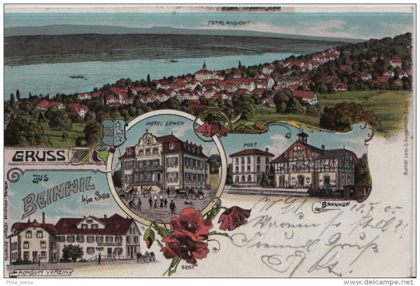 Beinwil am See, Gruss aus - farbige Litho - Hotel Löwen, Post, Bahnhof, Konsum Verein