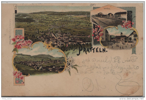 Gruss aus Pratteln - Gesamtansicht, Bahnhof, Dorfpartie - farbige Litho
