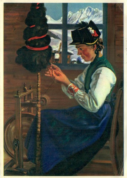 Karl Anneler, Wichtrach, lötschentaler-Mädchen am Spinnrad Vorderseite