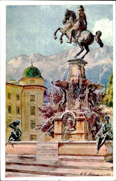 Innsbruck - Leopoldsbrunnen mit Hofburg Vorderseite