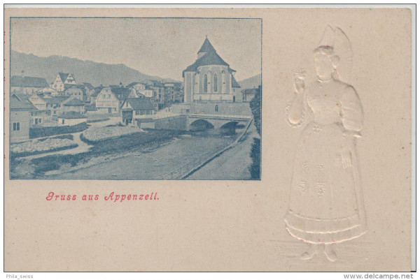 Gruss aus Appenzell - Rückseite Prägekarte mit Tracht - Postkartenverlag H. Dinkelacker - Paul Seyfe
