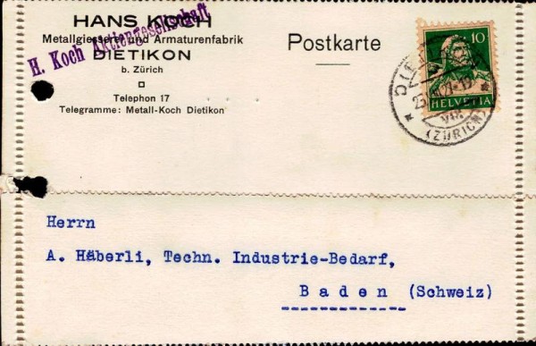 Bestellkarte, Hans Koch, Dietikon ZH, 1927 Vorderseite