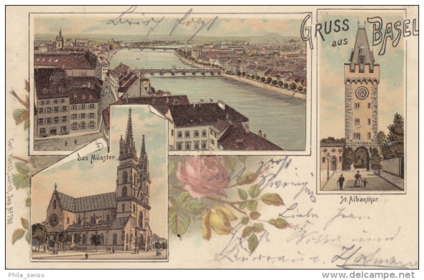 Basel, Gruss aus - St. Albanthor, das Münster, Rhein - Litho -