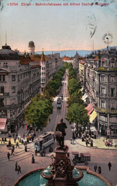 Zürich - Bahnhofstrasse mit Alfred Escher-Denkmal Vorderseite