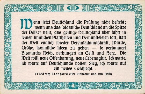 Spruchkarten von Friedrich Lienhards Werken, Der Einsiedler und sein Volk; Wenn jetzt Deutschland die Prüfung.. Vorderseite