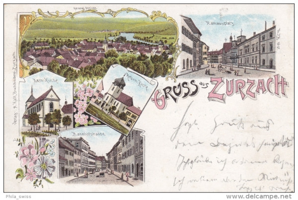 Zurzach, Gruss aus - farbige Litho - Rathausplatz, Kath. Kirche, Bahnhofstrasse, Reform. Kirche