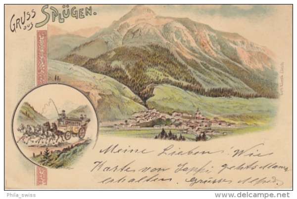 Splügen, Gruss aus - farbige Litho - Postkutsche