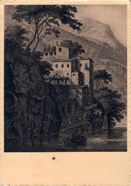 Alte Burg, Luganersee, Reproduktion nach einem alten Kupferstich, 1934 Vorderseite