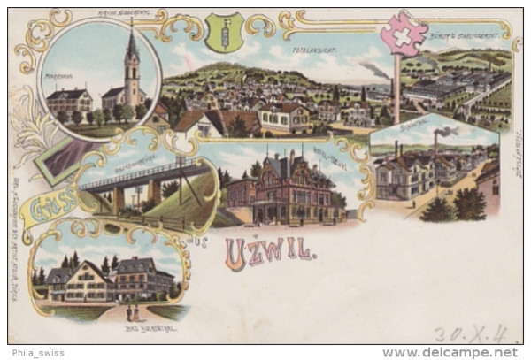 Uzwil, Gruss aus - farbige Litho - Kirche, Eisenbahnbrücke, Bad Buchenthal, Hotel, Schönthal