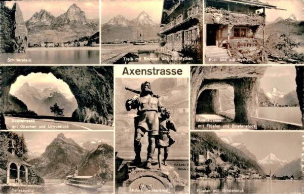 Axenstrasse. Schillerstein, Treib, Rütli, Tellskapelle, Telldenkmal, Flüelen Vorderseite