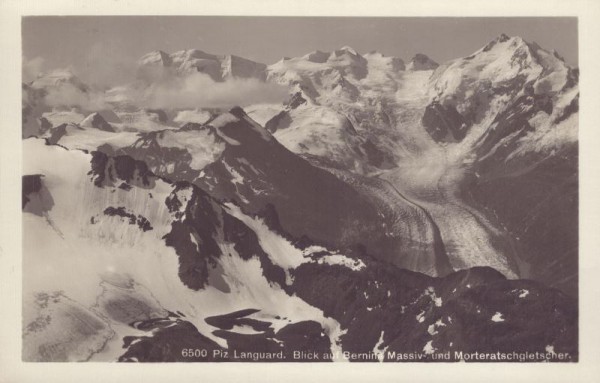 Piz Languard. Blick auf Bernina Massiv- und Morteratschgletscher. 1935