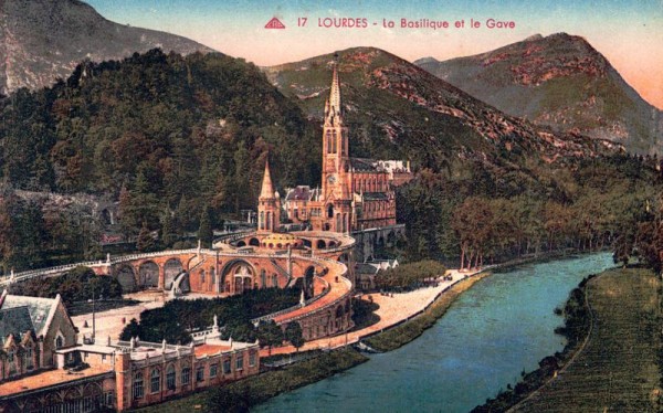 Lourdes  -  Die Basilika und der Gave/La Basilique et le Gave Vorderseite