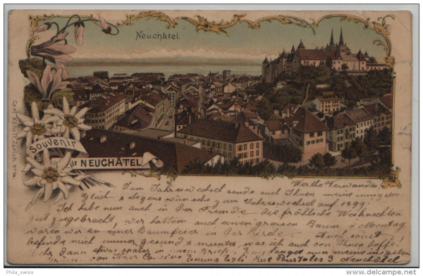 Neuchatel, Souvenir de - Vue generale - couleur Litho