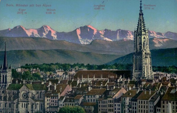 Bern, Ansicht mit Münster und Alpen Vorderseite