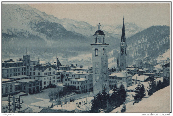 St. Moritz im Winter d'hiver - Kirche und der alte Kirchturm - Wehrli AG 8454