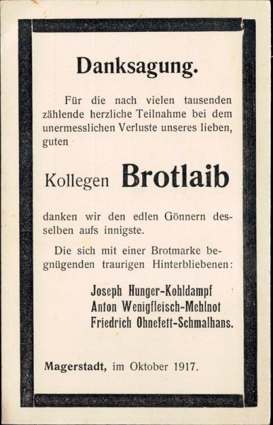 Kollege Brotlaib, 1917 Vorderseite