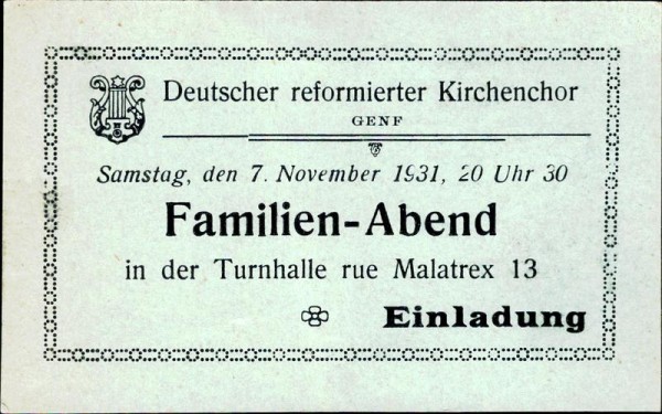 Genf, deutscher reformierter Kirchenchor, Einladung 1931 Vorderseite