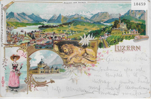 Gruss aus Luzern - farbige Litho 1899 Ansicht vom Gütsch, Bahnhof, Tracht, Löwendenkmal