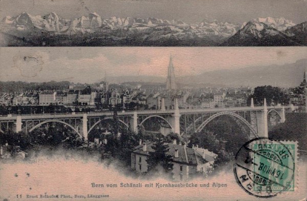Bern vom Schänzli mit Kornhausbrücke und Alpen Vorderseite