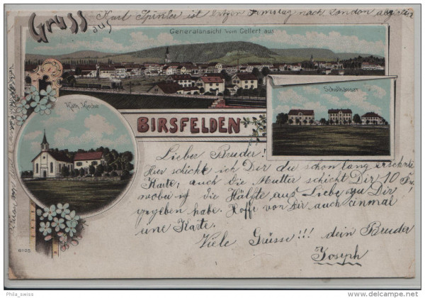 Gruss aus Birsfelden - Generalansich vom Gellert aus, Kath. Kirche, Schulhäuser - farbige Litho