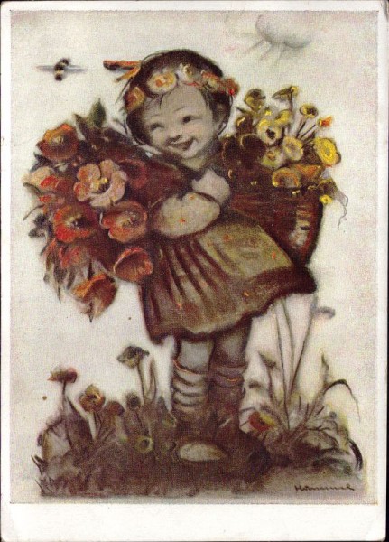 Fröhliches Kind mit Blumen und Biene