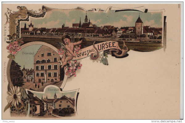 Gruss aus Sursee - Gesamtansicht, Unterstadt, Oberstadt - farbige Litho