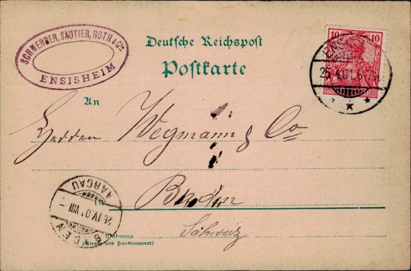 Postkarte an Firma Wegmann Baden, 1901 Vorderseite