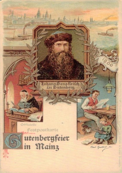 Postkarte zur Gutenberg - Feier im Jahr 1900, Mainz Vorderseite