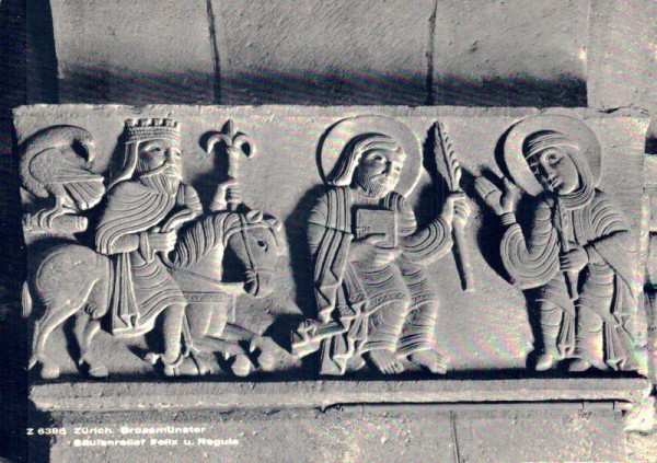 Zürich, Grossmünster, Saulenrelief Felix u. Regula Vorderseite