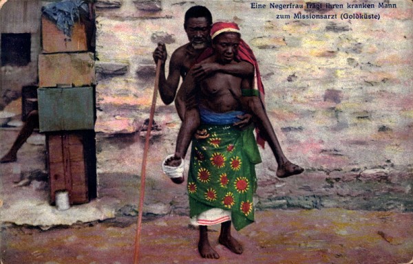 Afrikanische Frau trägt ihren kranken Mann zum Missionsarzt