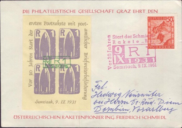 Postrakete 1931, 1961 Graz Vorderseite