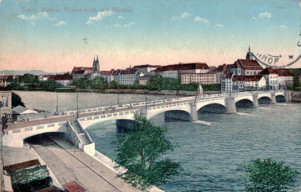 Basel. Mittlere Rheinbrücke mit Münster Vorderseite