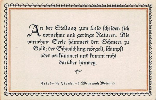 Spruchkarten von Friedrich Lienhards Werken, Wege nach Weimar; An der Stellung zum Leid... Vorderseite